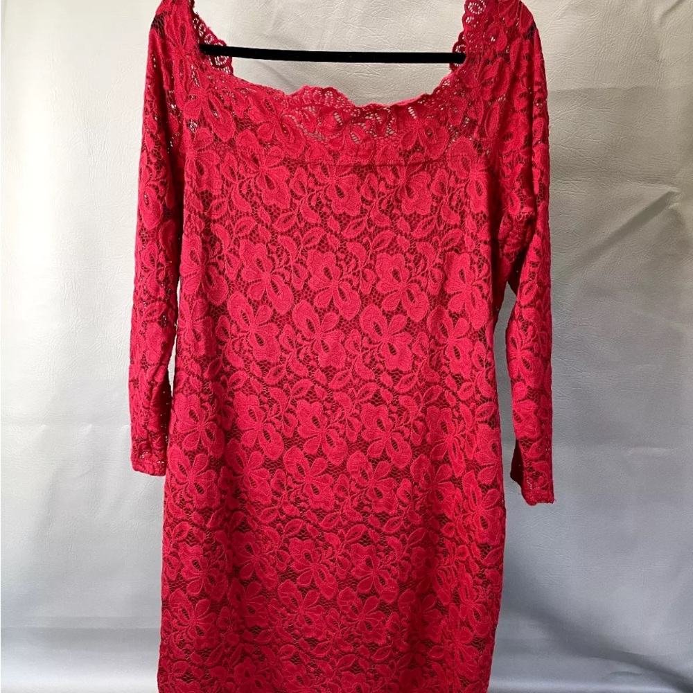 ACEVOG size XL red 3/4 sleeve lace off shoulder midi dress lined with stretch